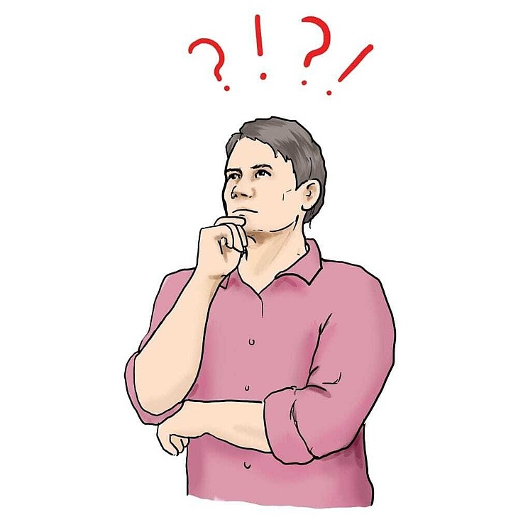 Ein Mann denkt nach. Über seinem Kopf stehen Fragezeichen und Ausrufezeichen. Ein Mann denkt nach. Über seinem Kopf stehen Fragezeichen und Ausrufezeichen.