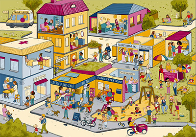 Illustration Wimmelbild zu Frühen Hilfen