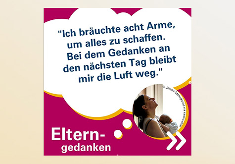 Mutter mit Bany auf dem Arm und Sprechblase